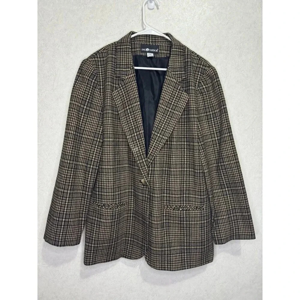 Vintage SAG HARBOR Wool Blend Brown Check Houndstooth Blazer Size 14 Academia